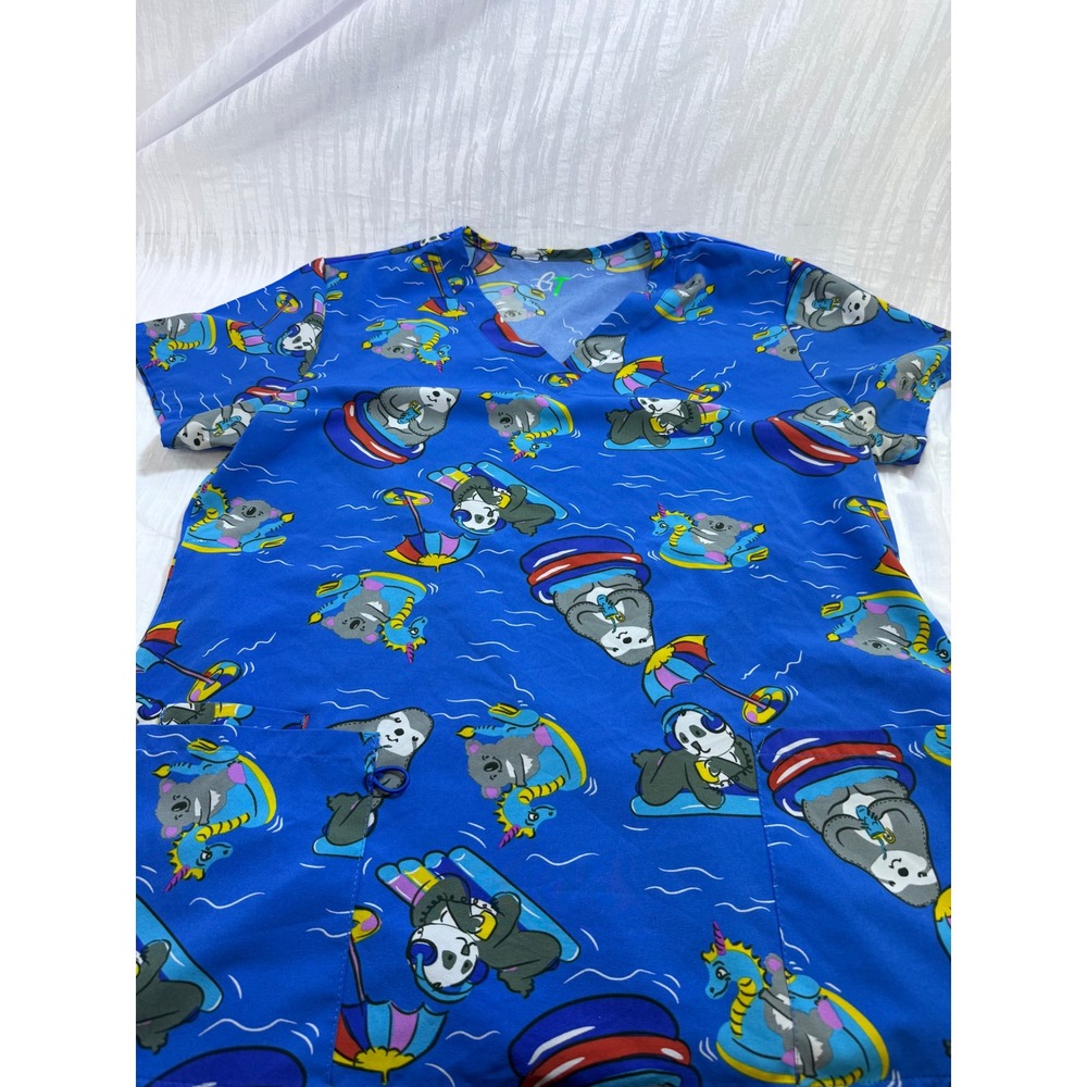 GT Performance Women Blue Koala Panda Pool Float‎ Scrub Top V-Neck Large